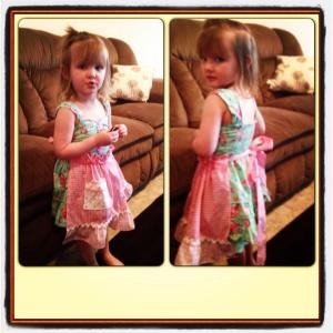 My now 2 1/2 Year old Eyrie modeling and apron made by her great grandma